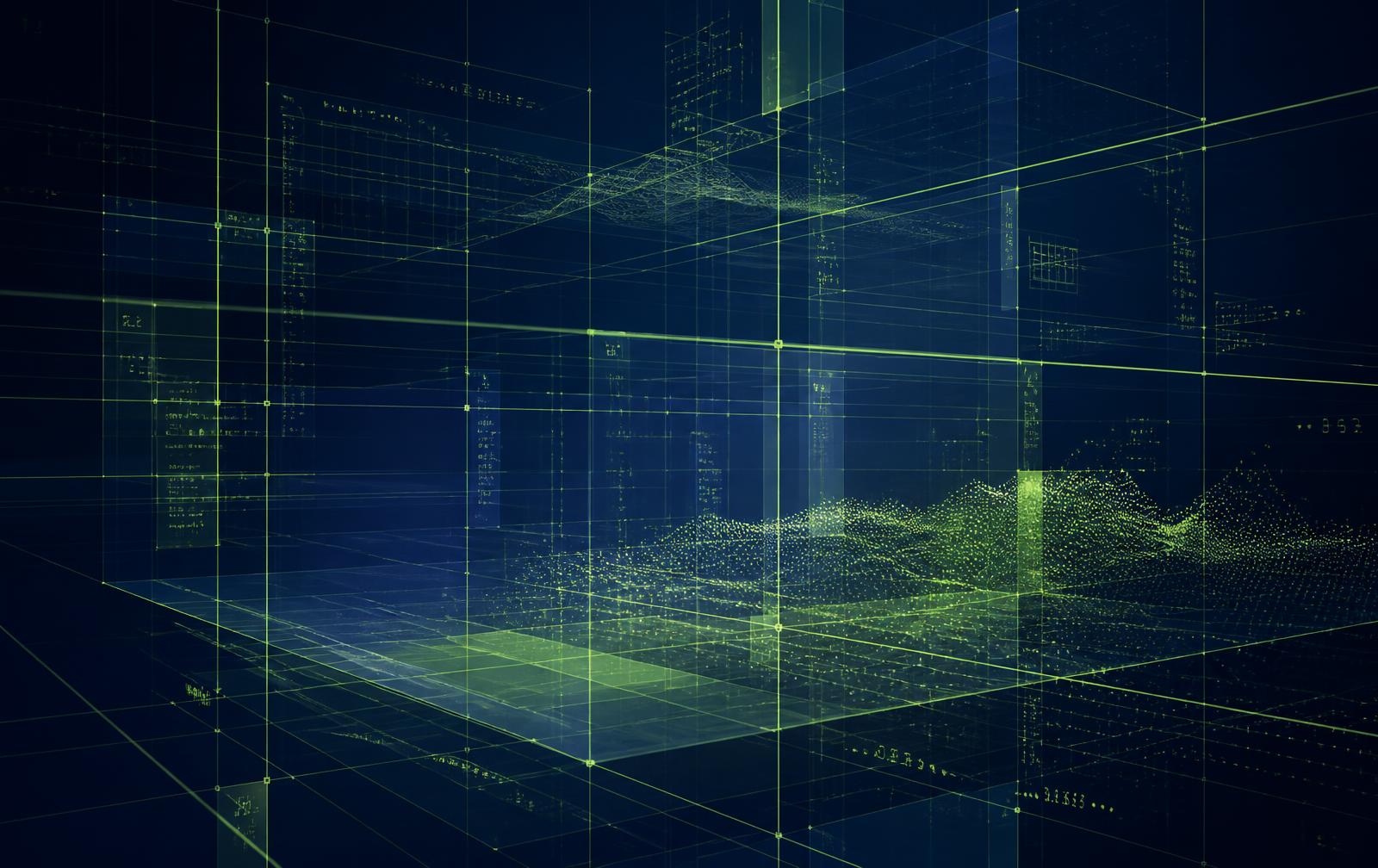 Abstract three-dimensional data grid rendered in deep navy and lime, representing computing systems
