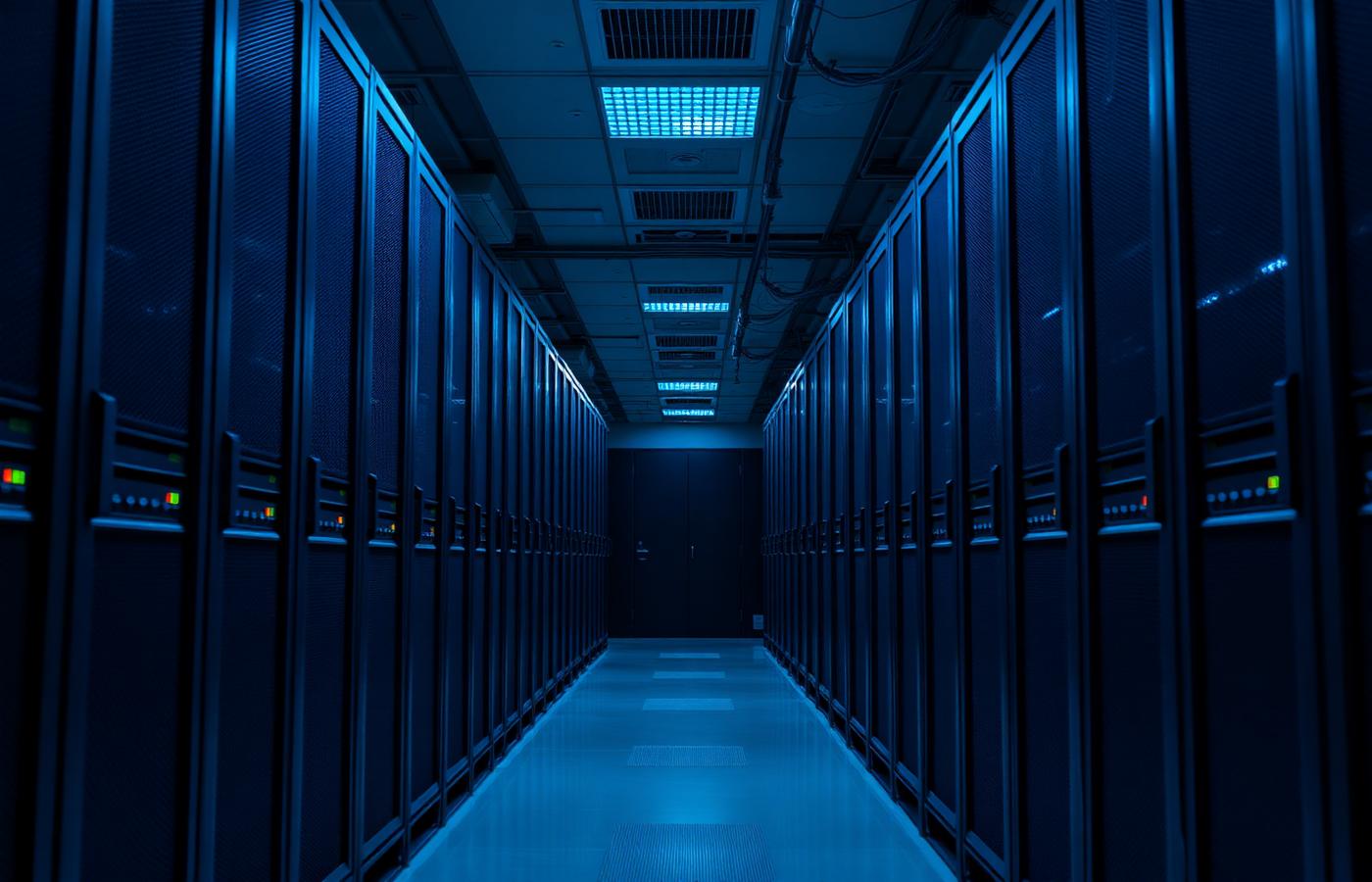 Rows of server racks in a data centre corridor lit in cool blue