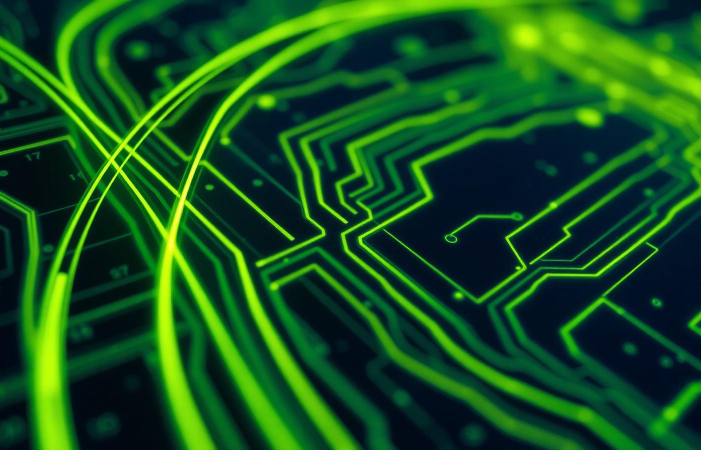 Illuminated circuit board traces and fibre strands in green, illustrating secured data pathways